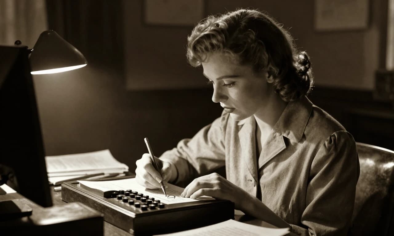 1940s woman at desk decoding messages with cipher book, focused expression, sepia tone, cinematic side lighting