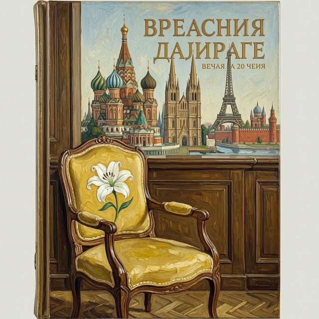 Нарисуй картину маслом (обложку для книги). Вид на часть комнаты второго этажа начала 20 века. На переднем плане французское кресло с жёлтой обивкой и белой лилией на спинке. На заднем - вид русских церквей, французских готических храмов, московского кремля и эйфелевой башни.