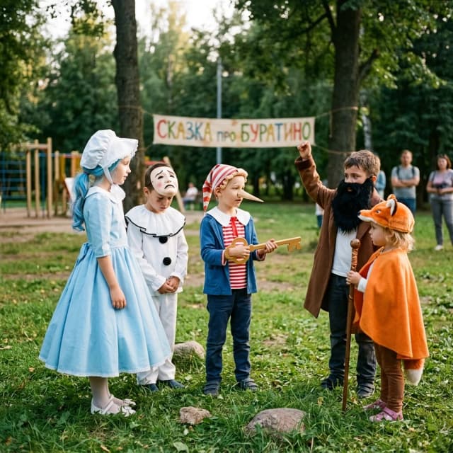 реалистичную фото картину сцена, дети играют сказку буратино в костюмах персонажей