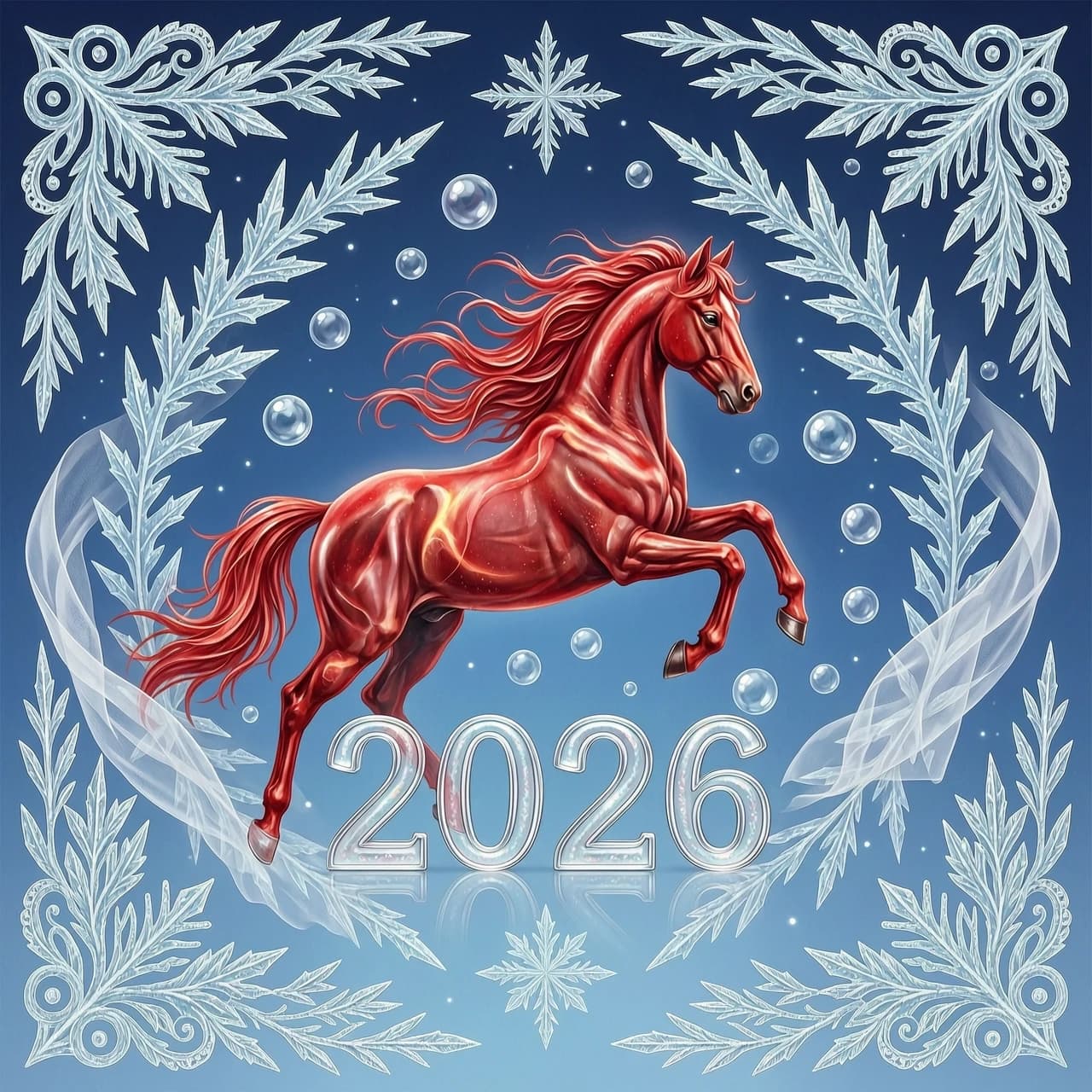 In the double exposure style. An ephemeral mythical creature in the form of a beautiful scarlet fiery horse with a long wavy mane collects the word "2026" from glass letters. In a jump. Background: bright blue night sky with grandiose continuous ornamental frosty patterns, zigzags, spirals of frost. Needles, transparent glass balls, silk, tulle. 
In the "Glitter" style: magical realism, natural symphony, shapes dissolve into color, lines flow like water, translucent layers with a watercolor texture, intricate ornaments at the corners of the composition.
Iridescence, lace, entourage, fantastic plot, New Year's tale, magic, whimsicality, originality. High detail, cinematic lighting, solemn festive atmosphere, realistic.