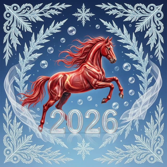 In the double exposure style. An ephemeral mythical creature in the form of a beautiful scarlet fiery horse with a long wavy mane collects the word "2026" from glass letters. In a jump. Background: bright blue night sky with grandiose continuous ornamental frosty patterns, zigzags, spirals of frost. Needles, transparent glass balls, silk, tulle. 
In the "Glitter" style: magical realism, natural symphony, shapes dissolve into color, lines flow like water, translucent layers with a watercolor texture, intricate ornaments at the corners of the composition.
Iridescence, lace, entourage, fantastic plot, New Year's tale, magic, whimsicality, originality. High detail, cinematic lighting, solemn festive atmosphere, realistic.