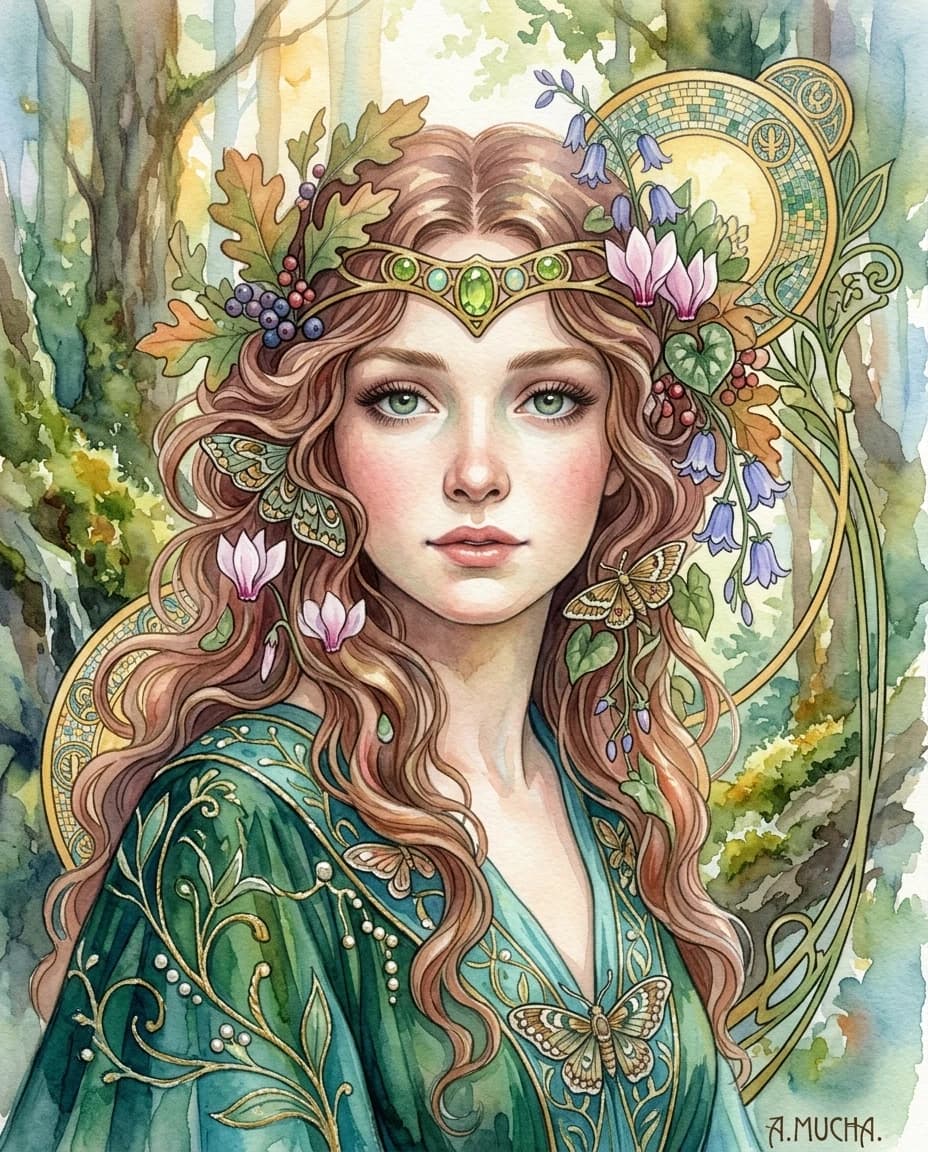 A real masterpiece. How artificial intelligence would depict: (Aesthetics: Impressionism. The image is made in watercolor technique. Art Deco and very beautiful forest nymph girls). Intense close-up. High resolution. High quality. Increased attention to small details. Hyperrealistic style of surrealism, impressionism, fabulous book graphics. Increased attention to the smallest details and texture. The author is Alphonse Mucha.