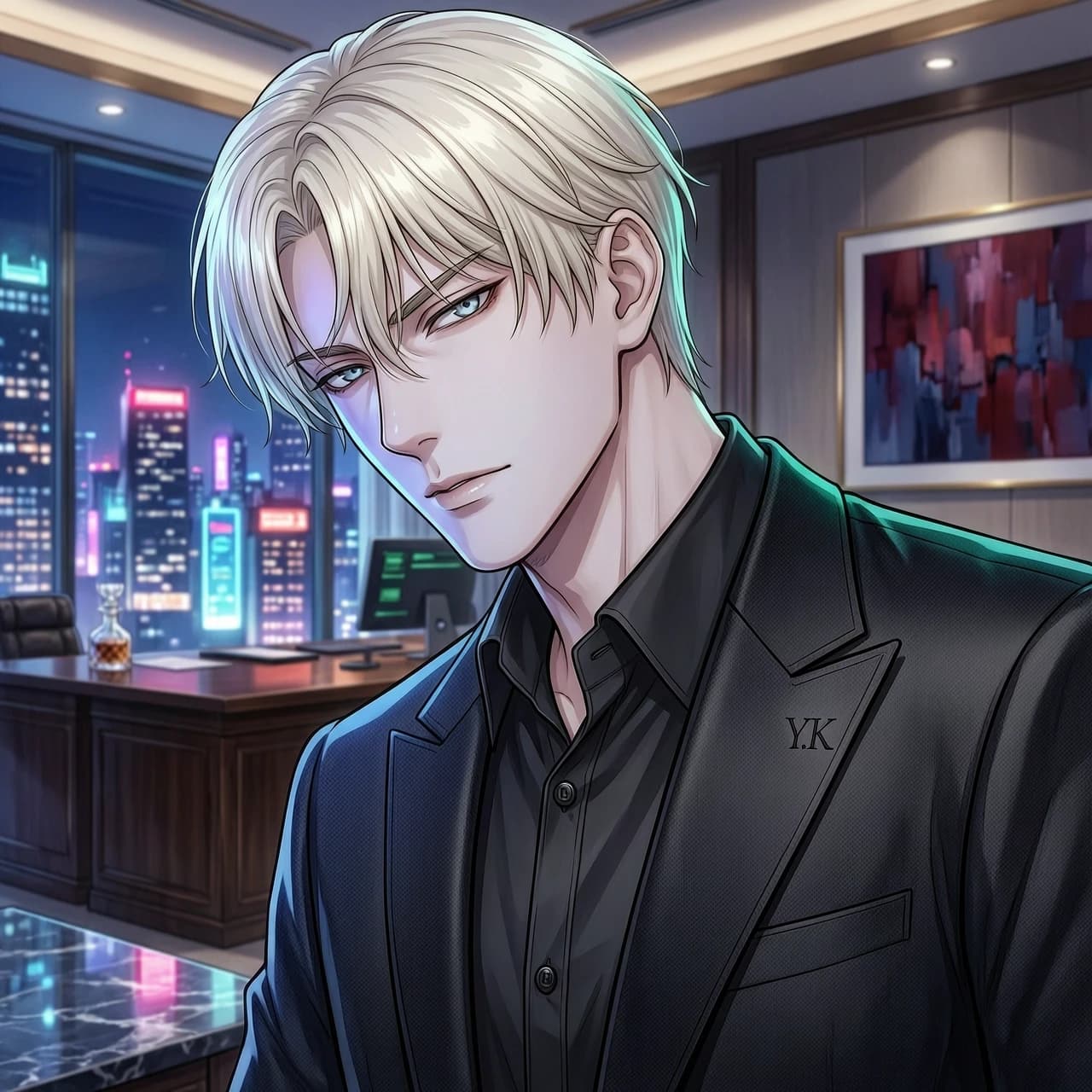 A stunningly handsome and elite 2D digital semi-realistic portrait in full vivid colors, gorgeous manhwa style, high-end game concept art aesthetic. A young dominant alpha crime boss with natural healthy fair skin and intense, ice-cold sharp light grey eyes. He has an arrogant glare, looking down with a dangerous aristocratic confidence. Flawless, neatly styled shining platinum blonde hair with soft realistic volume, elegant strands falling over his forehead. No black outlines, smooth blending, soft digital painting textures. He wears a premium tailored pitch-black luxury suit and a black dress shirt. Deep cinematic colorful night lighting with a soft neon glow on his face, dramatic cinematic shadows, dark luxury Tokyo office background. Sophisticated, powerful and dominant aura. Masterpiece, ultra-detailed.