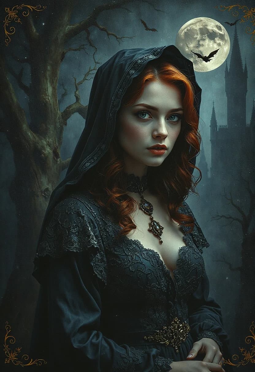 (Masterpiece, oil painting:1.8). Cover of a woman's novel: an incredibly beautiful young red-haired woman (with mysterious and cruel) eyes, with very pale, almost transparent skin. (She is dressed: (in a luxurious dress of blue velvet with Venetian lace (after the fashion of the 19th century) and a black cloak, with a hood on her head))). In the background depict (gothic castle, gloomy and frightening, gaunt trees, mysterious figures of monsters, bats in the sky, moon and stars), which will create an atmosphere of mystery, gloominess, mysticism and drama. (The cover is designed in dark, saturated colours - black, gold, and blue), which creates an atmosphere of mysticism. Use dark colours typical of oil painting, mixing shades to create a dramatic atmosphere. The overall composition should be intricate and detailed, with elegant frames framing the scene. (Frames: gold and arabesques). (Place for the title of the novel) should be elegantly integrated into the design, which complements the art style, adding romance and mysticism to it. Ideal composition. Intricately detailed realistic high resolution illustration. Cinematic lighting, dramatic and romantic atmosphere. HDR. 16K.