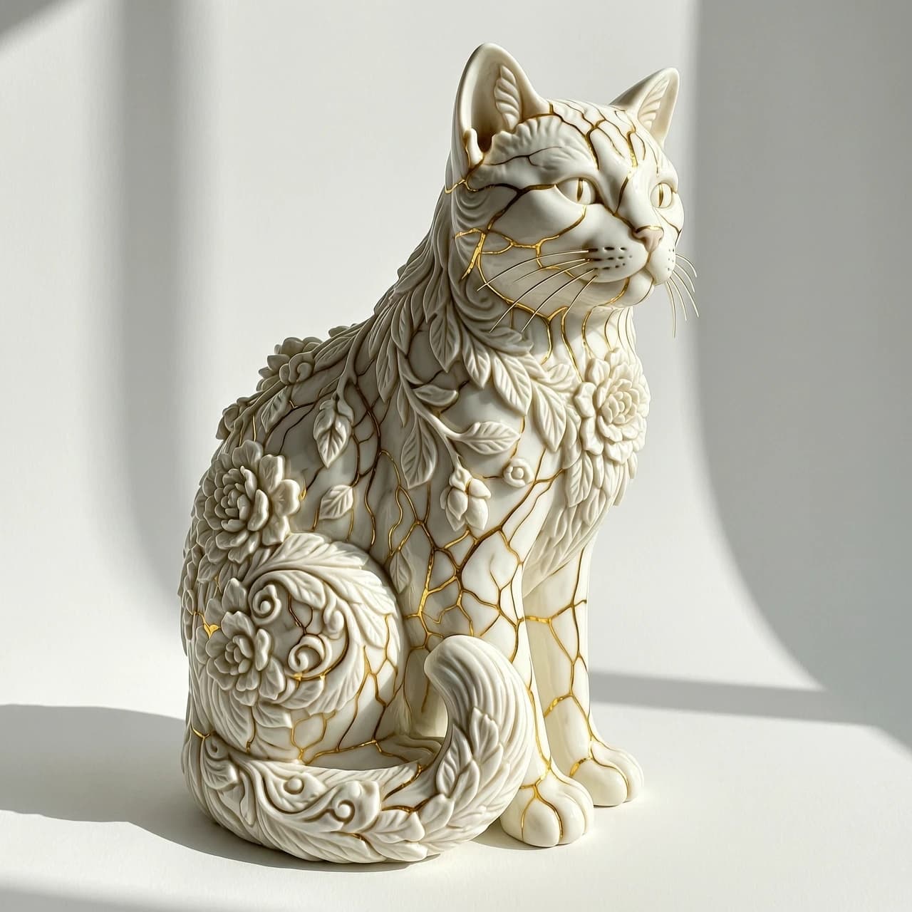 Digital image in Baroque and rocaille style with elements of kintsugi technique. Close-up. (Decorative sculpture made of white porcelain: 1.5). Golden cracks. Volume. The Persian cat. Glossy, porcelain, shiny. The cat's head and body are decorated with gorgeous embossed flowers. (Perfect white porcelain (1.5 ). Exquisite carvings that convey the fur, whiskers and tail of a seated cat. The edges of the leaves and the patterns are decorated with intricate carvings. Thin twigs, delicate flowers and leaves. Lots of fine gold veins. Intricate weaves, swirls, almost psychedelic ornaments. An amazing, mesmerizing sight: the glow. Luminescence. The background is white, with shadows and spectacular lighting. Style: rococo, surrealism, fairy tale, fantasy. Dynamic and expressive. Subtle patterns. Stylization, intricate decorative molding, surrealism, modernism. In the manner of Andrew Jones, Lorenzo Bernini. High quality.