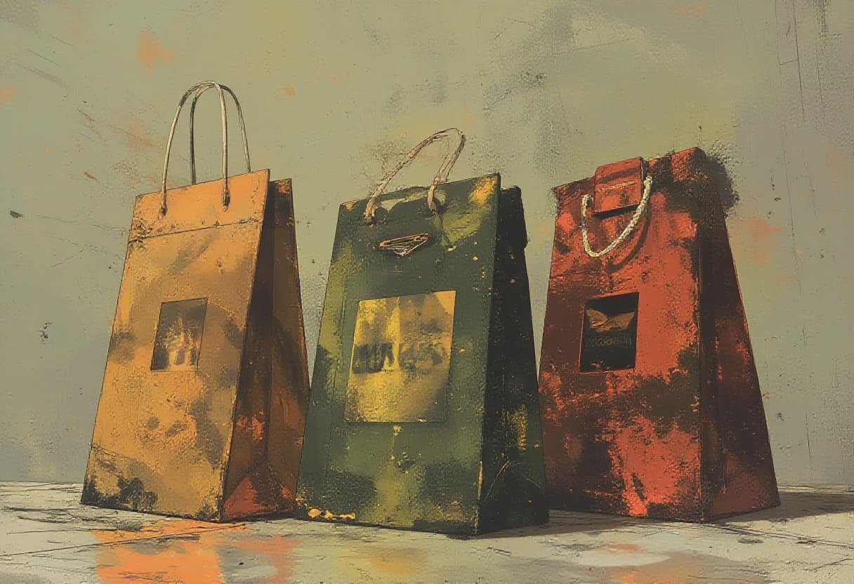 Photorealistic studio shot of three tall paper shopping bags with white rope handles on a clean light neutral background. 

Left bag in Muted Clay palette (soft terracotta, warm clay, dusty earth tones). Center bag in Burnt Olive (deep olive green, golden-olive). Right bag in Red Mahogany (rich dark red-brown, burgundy mahogany).

All bags feature the same expressive flowing composition of thick oil paint strokes mixed with liquid gold and liquid silver. The metallic strokes are glossy, reflective, with bright specular highlights, soft reflections and realistic metal reflexes, beautifully blended with the painterly oil texture.

Sharp red logos: square "ЭКСПО ЮВЕЛИР" with diamond, large "ЮВЕЛИРТЕХ". Precise text: МЕЖДУНАРОДНАЯ ВЫСТАВКА ЮВЕЛИРНОЙ ИНДУСТРИИ, ВДНХ, павильон 55/57, 23-27 СЕНТЯБРЯ 2026, МОСКВА. Luxury artistic jewelry exhibition packaging, high detail, professional lighting.