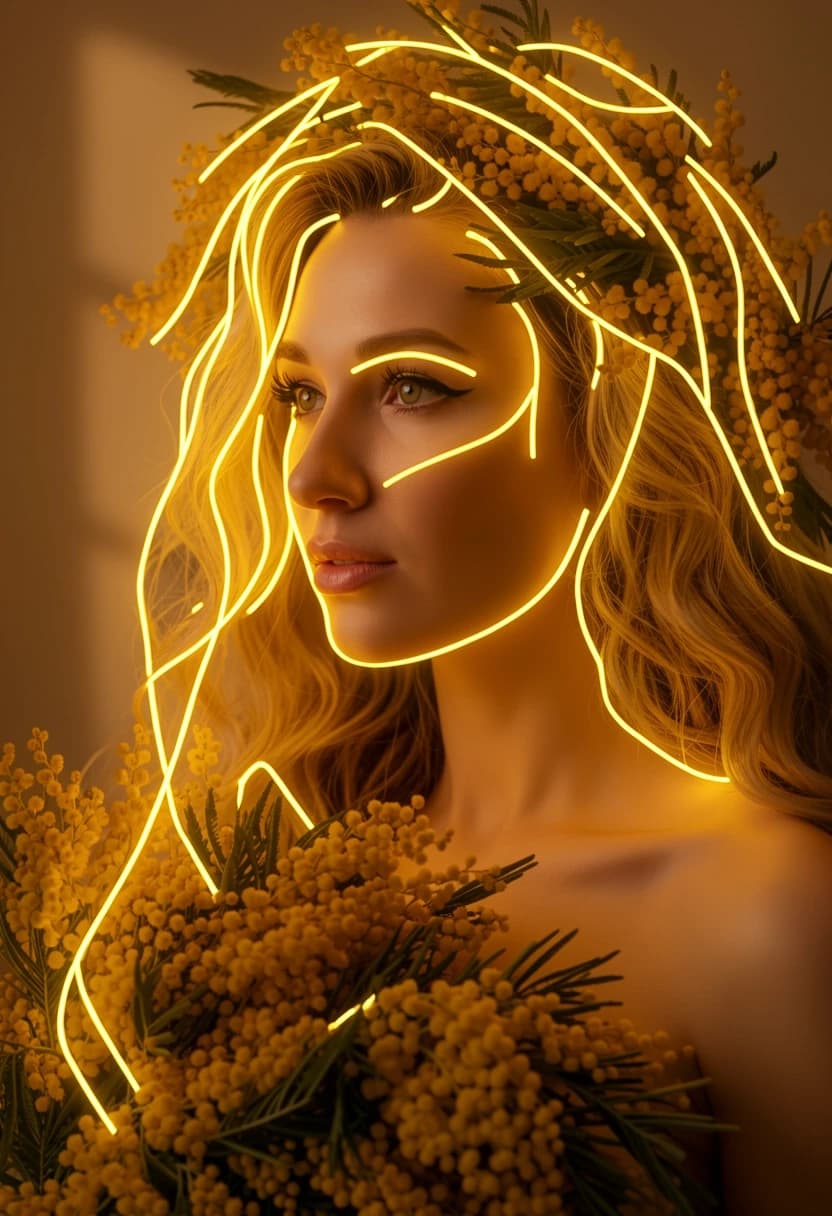 Detailed photo of the girl, with just a few minimal 8mm yellow LED neon lines as elegant accents on top of the flowers. Low density neon, simplified sparse light layout, large clean spaces between neon lines, only key contours are illuminated, bold single continuous tracks, perfect face preservation