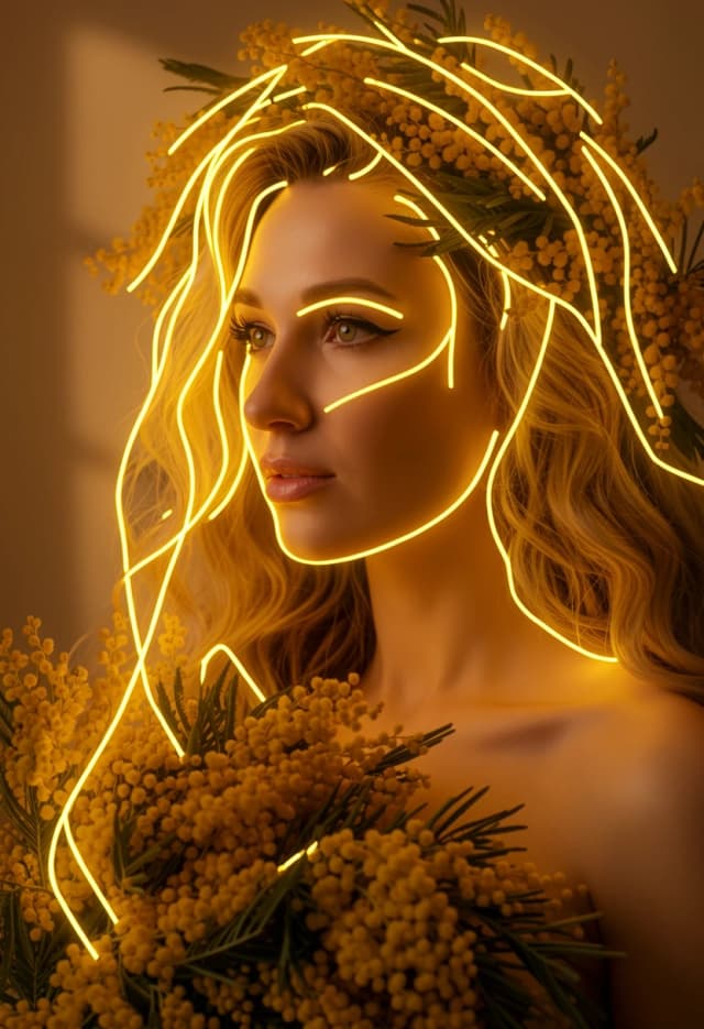 Detailed photo of the girl, with just a few minimal 8mm yellow LED neon lines as elegant accents on top of the flowers. Low density neon, simplified sparse light layout, large clean spaces between neon lines, only key contours are illuminated, bold single continuous tracks, perfect face preservation