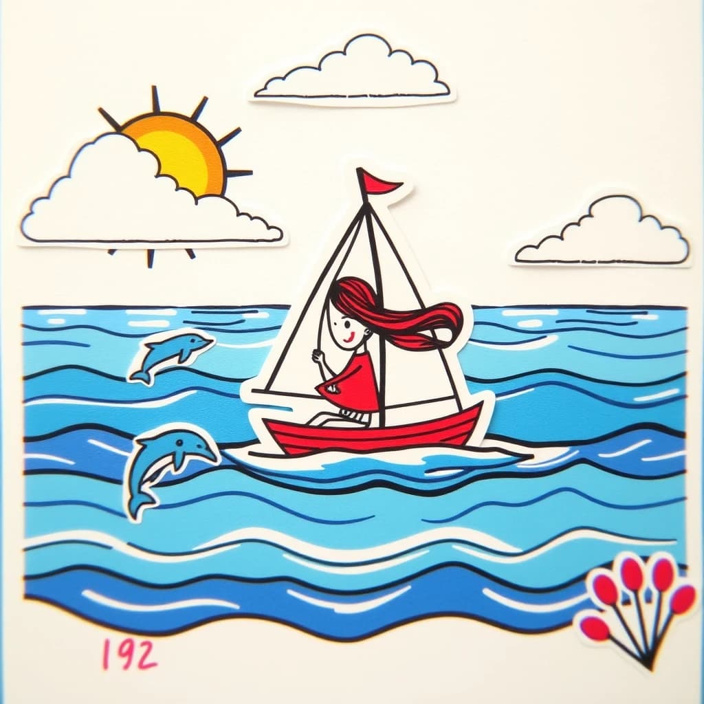 стикер девочка,море,кораблик,дельфин,солнце