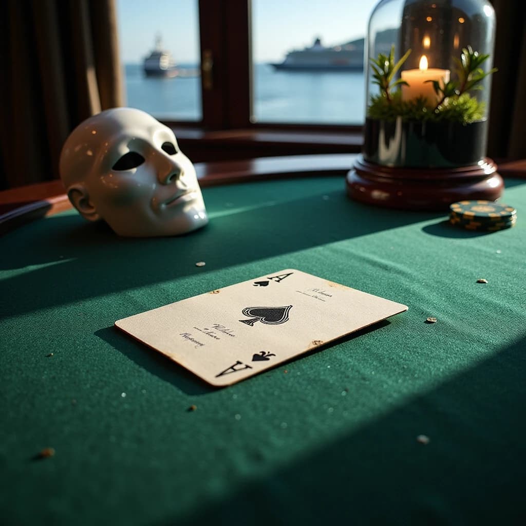 Premium A5 book cover for a detective thriller, vertical orientation. Cinematic realism, hyper-detailed photorealism. 

Composition: A macro close-up shot of a professional poker table covered in deep emerald-green felt. In the center, a single, slightly worn playing card—a "White King" without a suit, featuring a minimalist crown contour and an empty shield. The card is textured, with faint, handwritten script visible through the paper as light bleeds through it. Beside the card lie two or three high-end casino chips and a sharp, thin crack of light cutting through the darkness, like a focused spotlight. 

In the polished, dark reflection of the table's surface, there is a ghostly, sophisticated white masquerade mask and the blurred, bokeh lights of Monte Carlo. In the upper corner, subtly out of focus behind frosted glass, a small, elegant terrarium reveals the faint, non-grotesque silhouette of a scorpion. In the far distance, visible through a window, a magnificent, glowing modern cruise liner glides on the dark sea.

Atmosphere: Cold luxury, intellectual tension, and an impending sense of threat. A light haze hangs in the air with microscopic dust particles dancing in a single dramatic light beam.

Color Palette: Deep obsidian black, rich emerald green, polished gold, subtle blood-burgundy accents, and sharp silver highlights.

Typography (Russian language only):
Top: "АННА АРХАНГЕЛЬСКАЯ"
Королевский флеш:
СТАВКА МАГИСТРА