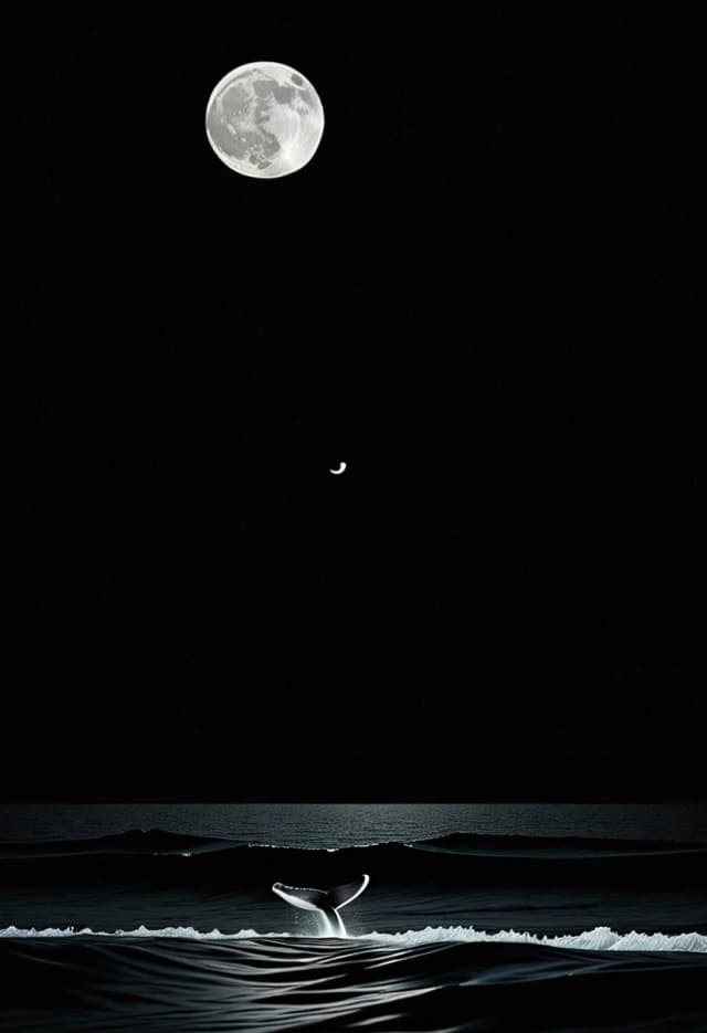 black background, a horizontal white line in the foreground, a small silhouette of a girl calmly walks along it with a thin white line in profile, A small silhouette of a whale emerges from it against the background of a wave, the moon is above them. Minimalism