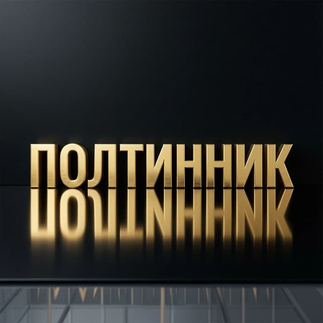 Minimalist composition on a solid, deep matte black background. In the center, the word "ПОЛТИННИК" is rendered in a bold, upright Soviet modernistic style, reminiscent of mid-century Cyrillic signage. The letters are crafted from highly polished, reflective 24k gold, featuring realistic metallic luster, subtle specular highlights, and soft anisotropic reflections. Below the text, a perfect, symmetrical vertical reflection creates a flawless mirror effect on a dark, polished surface. High-end studio lighting, cinematic macro photography style, sharp focus on the golden texture, elegant atmosphere, 8k resolution, hyper-realistic metal material properties.