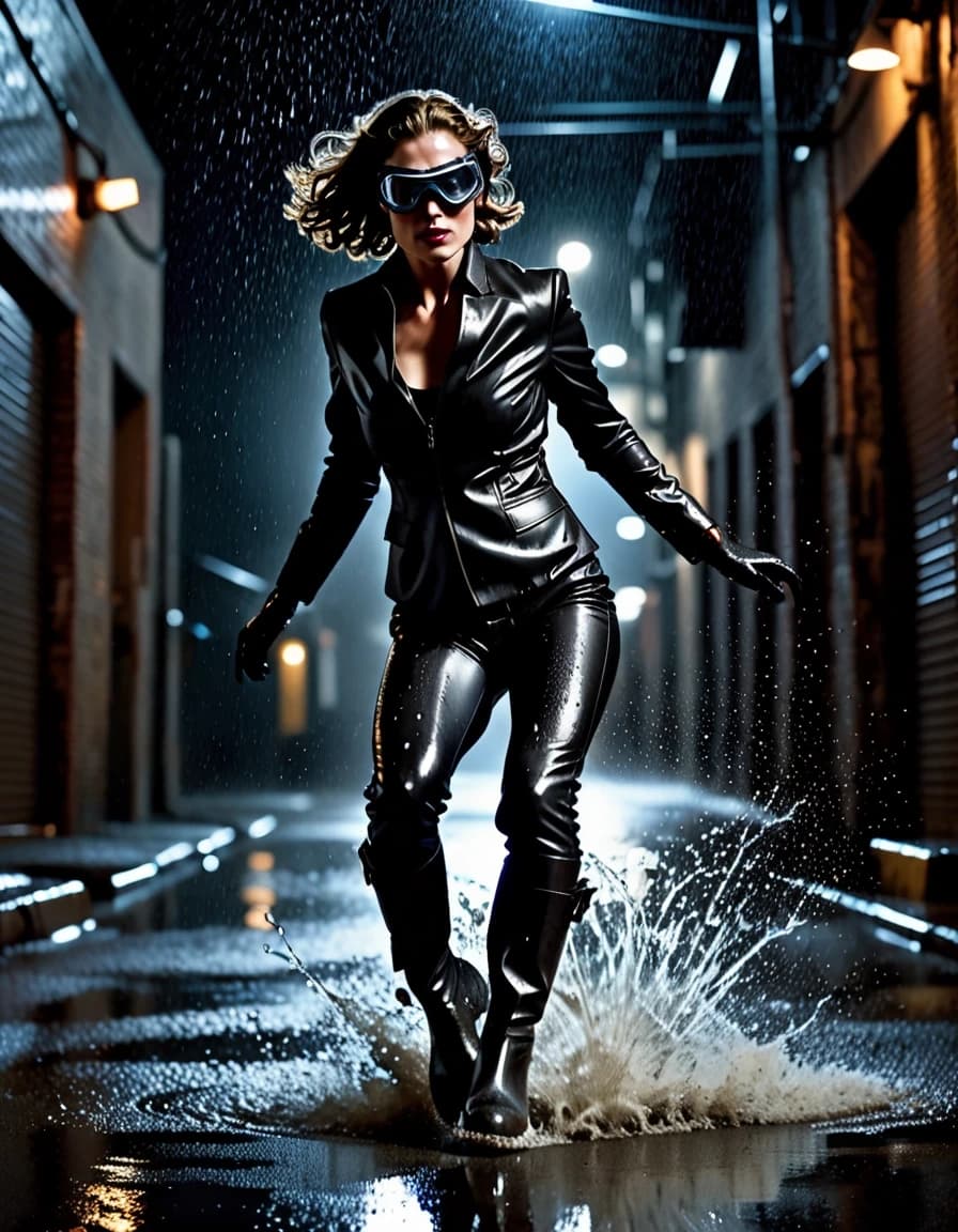 Dynamic action photograph of Selina Kyle landing softly on a wet asphalt street in a dark alley. Water splashes captured mid-air around her boots. A sleek, modern leather suit with glowing subtle goggle highlights. Moody, raw, high-contrast night lighting.
