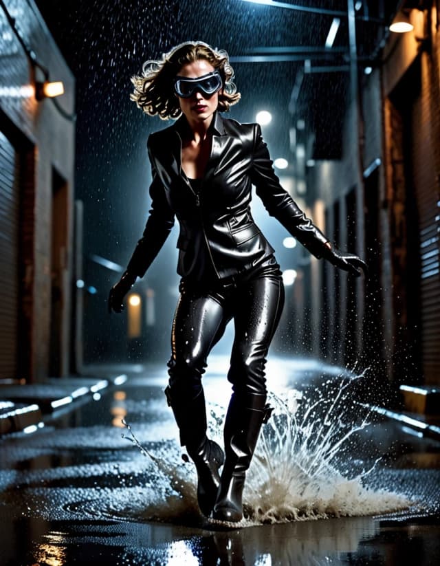 Dynamic action photograph of Selina Kyle landing softly on a wet asphalt street in a dark alley. Water splashes captured mid-air around her boots. A sleek, modern leather suit with glowing subtle goggle highlights. Moody, raw, high-contrast night lighting.