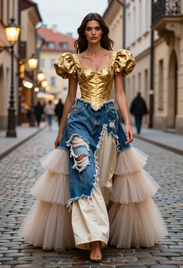 A high-fashion, hyper-realistic full-body shot of a stunning woman walking directly toward the camera on a cobblestone pedestrian street in a picturesque Old Town. She is wearing a surreal, avant-garde "multi-style" dress that is a seamless fusion of contrasting aesthetics: the bodice is a structured, regal ballgown top made of heavy gold brocade; the waist transitions into a rugged, distressed denim section with frayed edges and oversized pockets; one side of the skirt is a voluminous, tiered tulle ballgown layer, while the other side is a simple, casual cotton jersey fabric with a modern urban cut. The dress looks like a living collage of fashion history. Background features ancient European architecture, warm street lamps, and a soft evening haze. 8k resolution, shot on 35mm lens, cinematic lighting, extreme detail on fabric textures (shimmering gold, rough denim, soft tulle), photorealistic, sharp focus on the woman's confident expression, vibrant yet balanced color palette.