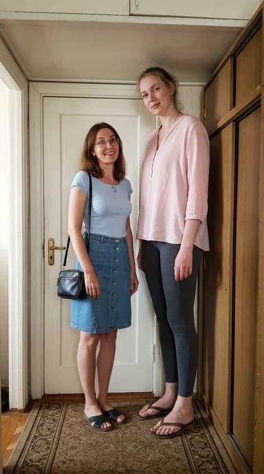 A vertical shot taken with a mobile phone camera: two friends are standing by the door in an ordinary Moscow apartment. Both of them are considered tall, and that’s the whole point — a tall woman with someone much taller.

On the left is Oksana, 32 years old, 190 cm tall: a relaxed pose, a slight smile, as if she’s capturing the moment for memory. She’s wearing a light top, a denim skirt, and open‑toed shoes; she has a handbag in her hand and glasses on her nose. Her gaze is directed at the camera, and her expression conveys a hint of surprised admiration. she is aware of the contrast and feels her growth in a new way for the first time.

On the right is Irina, 225 cm: . She's wearing a light blouse, leggings, flip-flops. Her gigantic height is immediately striking: she almost rests her head on the top edge of the frame, she is much taller than the door, and her shoulders occupy a significant part of the space.

The interior is typical for a Moscow apartment: a closet next to the door, a carpet with a discreet pattern on the floor; . Lighting — daylight from the window: ,

The main thing is to clearly show the difference in height: Irina is 35 cm taller than Oksana, and this isn’t a special effect — emphasize the difference in their heights.