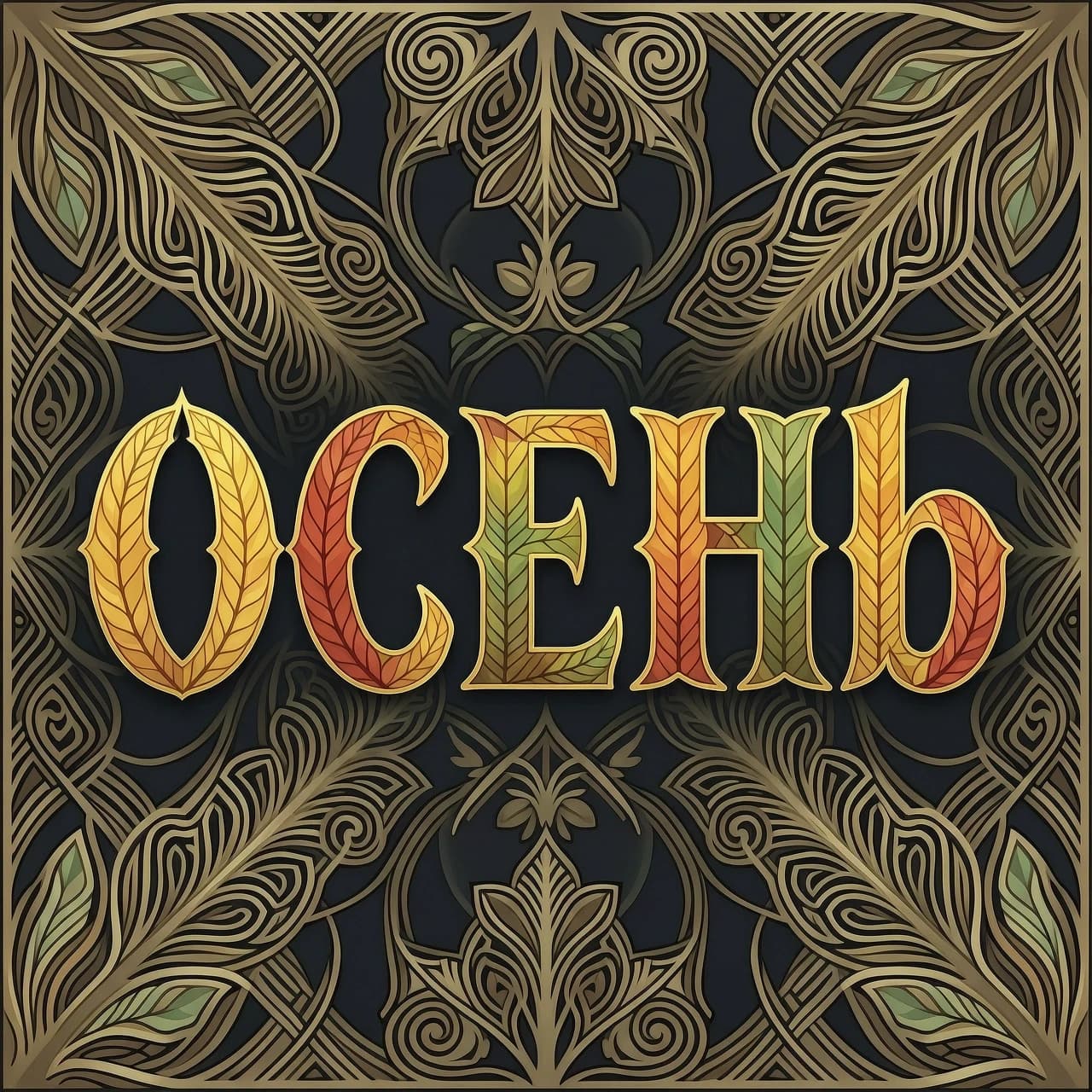 Digital image with double exposure and overlay of layers and textures. Vector graphics. The word "OCEHb" is made of gold, crimson and green skeletonized textured autumn leaves in various shades of yellow, orange, green and red. An unusual font made of autumn leaves. A very detailed and impressive font. Font and background contrast, fading, gradient. Background: a lot of dark with light ornaments. Delicate elements of the floral pattern. Gothic, decorative style, Art Nouveau. Abstract vector fractal pattern, Zentangle, Gothic, dark art. In the style of Alphonse Mucha, Gustav Klimt, Aubrey Beardsley and Roman Tirtov. High level of detail.