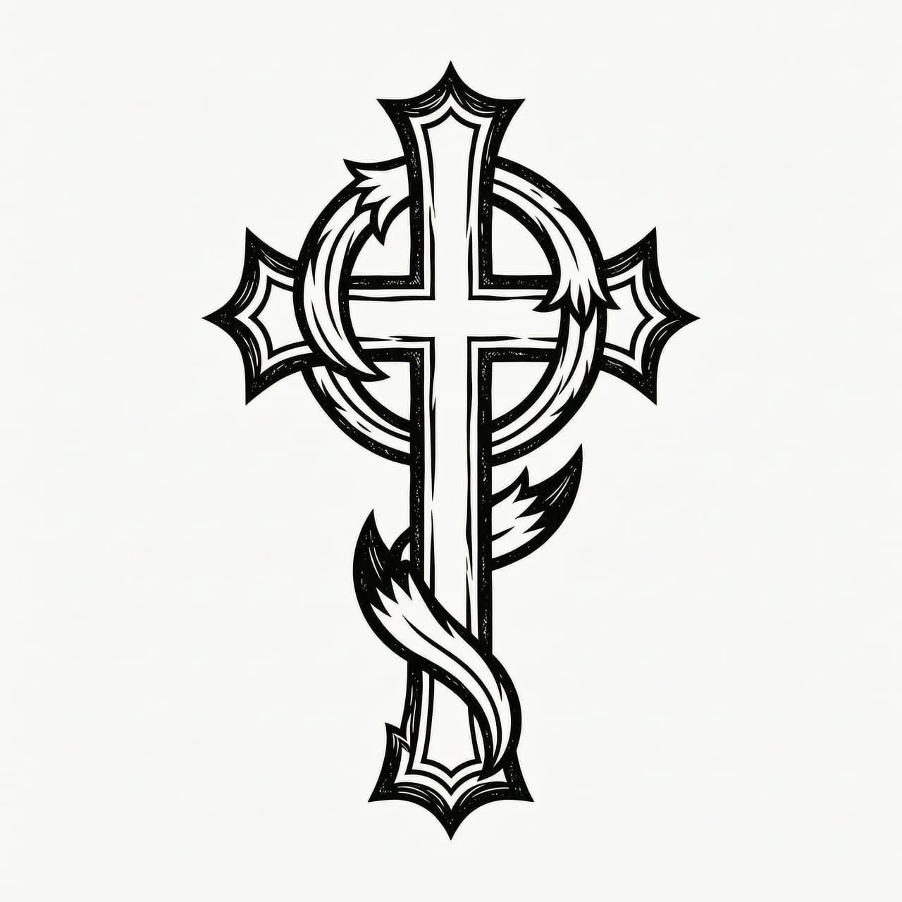 Minimalist engraving style, the Flamel cross, a stylized three-tailed fox replaces the snake on the cross, the fox flows along the cross contour forming a loop, vector line art, woodcut texture, stark black ink, no halftones, tattoo stencil, symmetrical, clean negative space, --no photo realism