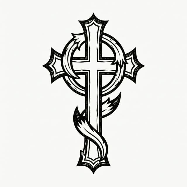 Minimalist engraving style, the Flamel cross, a stylized three-tailed fox replaces the snake on the cross, the fox flows along the cross contour forming a loop, vector line art, woodcut texture, stark black ink, no halftones, tattoo stencil, symmetrical, clean negative space, --no photo realism