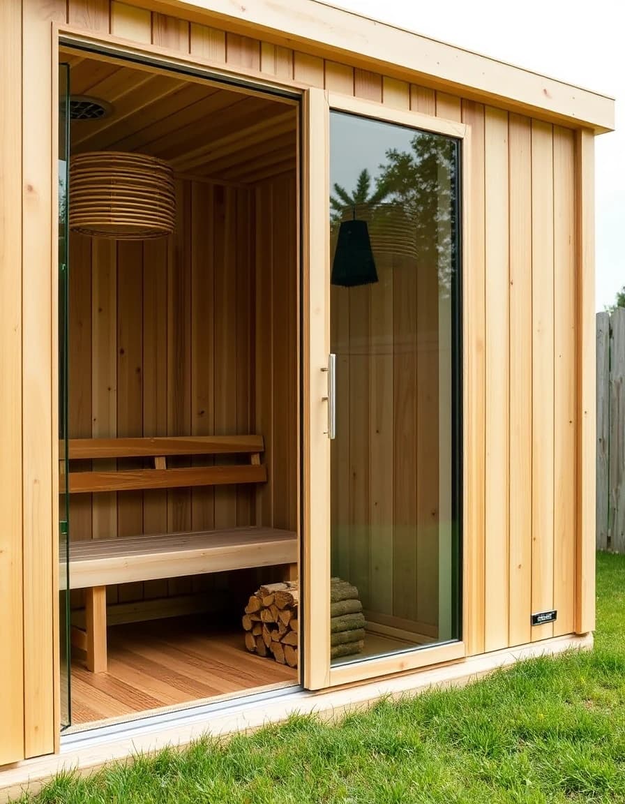 Vertical close-up architectural shot of a small single-room timber sauna cabin in the backyard. Minimalist wooden structure, square shape, premium light cedar vertical planks. One large front glass window showing wooden benches inside, one glass door. Small firewood logs stacked neatly outside next to the entrance. Green grass, daylight, high detail, photorealistic.