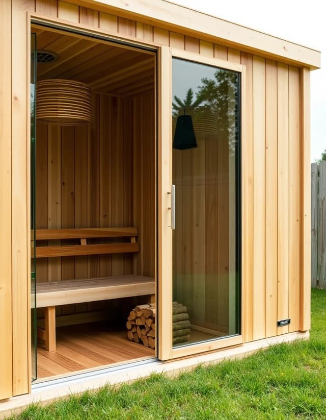 Vertical close-up architectural shot of a small single-room timber sauna cabin in the backyard. Minimalist wooden structure, square shape, premium light cedar vertical planks. One large front glass window showing wooden benches inside, one glass door. Small firewood logs stacked neatly outside next to the entrance. Green grass, daylight, high detail, photorealistic.