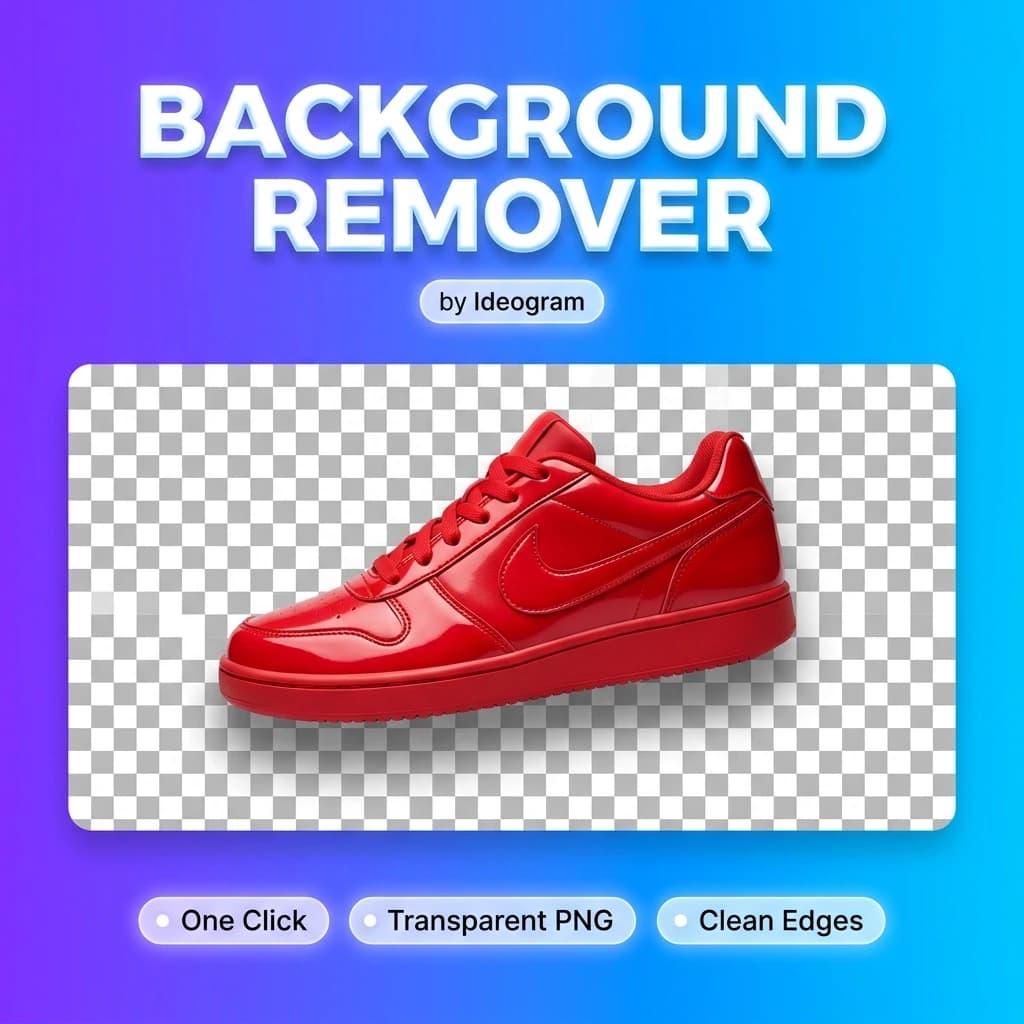 Flat 2D square graphic design cover, background covers 100 percent edge to edge, no frame, no border, no mockup. Bold glowing modern 3D typography text "BACKGROUND REMOVER" appears exactly once centered near the top, crisp perfectly legible; a small clean tag "by Ideogram" directly beneath the title. Below the title: a glossy red sneaker cleanly cut out and floating on a grey-and-white transparency checkerboard pattern, razor-sharp cutout edges with a soft drop shadow. A single clean row of small glowing rounded feature badges near the bottom with short legible labels: "One Click", "Transparent PNG", "Clean Edges". perfectly legible text, clean flagship poster quality, no extra labels.