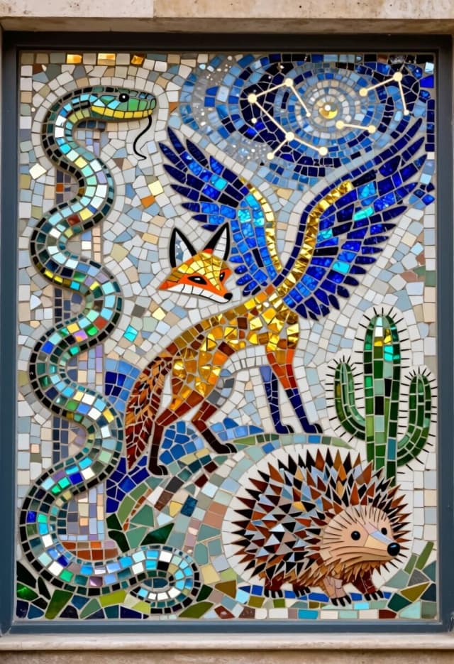 Mosaic artwork, small irregular tiles in vivid colors, visible grout lines, geometric precision contrasted with organic shapes. An exotic pet store facade and interior rendered in tesserae: a serpent with scales of opalescent glass tiles coiled around a pillar, a winged fox with feathers made of shimmering blue and gold tiles, and a small creature resembling a cross between a hedgehog and a cactus, its quills depicted as sharp triangular tiles in earthy tones. The background features a mosaic pattern of swirling cosmic clouds and constellations. The lighting is stylized to highlight the facets of the tiles, creating a sparkling, jewel-like effect. The atmosphere is ancient yet fantastical, evoking the grandeur of Byzantine or Roman mosaics with a modern twist.