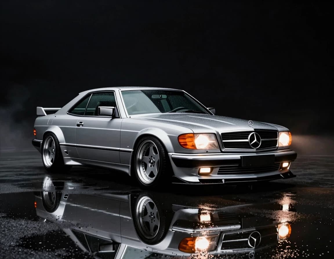 Subject: Mercedes-Benz 560 SEC W126 AMG widebody coupe, two-door
Color: silver metallic body, polished, deep reflective paint finish
Wheels: AMG Gullideckel monoblock wheels, silver multi-spoke deep-dish design, low-profile tires, lowered stance
Body modifications: genuine AMG widebody flares, AMG front bumper with integrated foglights and lip spoiler, AMG side skirts, rear AMG bumper with subtle ducktail spoiler on trunk
Details: chrome vertical grille with large Mercedes star, amber/orange front turn signal lenses, rectangular sealed headlights
Angle/Perspective: low front 3/4 angle, near ground level, dramatic upward sweep emphasizing long flat hood and wide stance
Lighting: single dramatic side-top light source, deep shadows, chiaroscuro style, headlights subtly glowing warm white
Background: pure black, no environment details, studio void
Ground surface: wet asphalt, reflective, scattered raindrops
Reflection: sharp mirror reflection of car and lights on wet ground
Atmosphere: subtle fog/haze in background
Color grading: high contrast, cool silver tones against deep black, warm amber accents from turn signals, cinematic
Mood: elegant, powerful, timeless luxury aggression, "Gentleman's muscle car"
Camera: wide-angle lens feel, slight distortion emphasizing long hood and width
Quality: photorealistic, automotive magazine cover quality, 8k detail, sharp focus on wheel and grille details
Composition: vertical/portrait orientation, car centered slightly left, long hood leading into frame