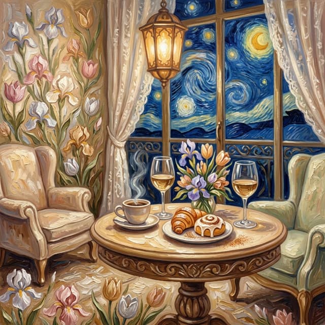 ((The interior of the café, a closed glazed night terrace, soft armchairs, elegant round tables made of carved wood for two people, beautiful wine glasses on the tables, the floor and walls): decorated with an intricate pattern of white‑pink, silver‑pink, white, and silver irises and tulips. Lace curtains on the windows.) .(Colors): beige, light gold, pearl gold, golden brown, light green, orange‑beige, golden green. (Style): shabby chic, romance, coziness, softness, art design, close‑up, advertising, café, coffee cups, vanilla, cinnamon, pastries.  ((Where the scent of irises, perfumes and wine lingers.)). ((At the old table, I waited for you so long!)).  The night can be so colorful.  The light source is golden‑white, a lantern, a terrace. (Style):design art, Van Gogh style, advertising, close‑up, high quality, romance, night, twinkling stars, ((nighttime café terrace)), soft, flowing light from the lanterns. Interior light, 4K, intricate details.