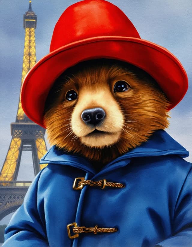 A masterpiece. Style: portrait watercolor. (Image of Paddington Bear in a red hat and a blue jacket with characteristic fasteners against the backdrop of the Eiffel Tower):1.8. High quality. High resolution. Increased attention to fine details and texture. Author: Russ Mills. Aspect ratio: 3:4.