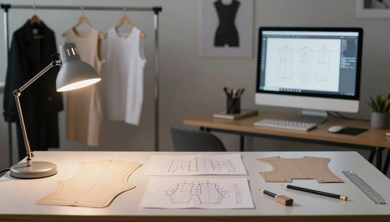 Realistic photo, interior of a clothing pattern design bureau. Front view, medium-wide shot. Foreground: a large white table with a wooden edge. Spread out on the table are paper sewing patterns, cardboard garment templates, technical sketches, graphite pencils, an eraser, and a transparent plastic ruler. All are lit by the warm light of a desk lamp with a metal shade — light coming from the left, casting soft shadows from the patterns. Background left: a metal clothing rack with finished garment samples — a black coat, an elegant knit dress, and several finished patterns hanging on hangers. Background right on the table: a modern computer with a large monitor displaying CAD pattern-making software showing the development of a back piece. The background is slightly blurred (bokeh), but the silhouettes of the clothes and the screen remain recognizable. Overall color palette: white, gray, wood tones, warm yellow light. High detail, photography, 8K.