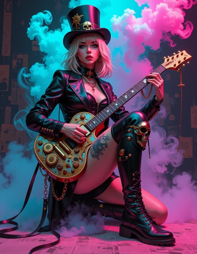 A masterpiece,  in the style of the 1980s, with bold lines, dynamic strokes and rich textures, on background with a touch of nostalgia, perhaps with subtle drawings inspired by cellulose and vintage, worn textures similar to paper, oil painting, Hyper-detailed cinematic portrait of a steampunk goth female rocker kneeling with an ornate electric guitar, dramatic rim lighting in neon magenta and cyan, volumetric colored smoke swirling around her; she wears a black leather corset and fitted jacket with brass studs, chains and skull motifs, a tall top hat decorated with gears and a skull emblem, blonde hair in a loose updo, sultry expression and soft makeup, metal skull knee-guard and thigh-high lace-up boots, intricate mechanical clockwork tattoo on her exposed thigh, guitar covered in brass gears, rivets and mechanical plates with glowing accents, high contrast, ultra-detailed textures on leather and metal, cinematic depth of field, painterly but hyperreal rendering, rich saturated colors, dramatic shadows, studio-quality lighting, film grain and subtle lens flares, 4k detail, dynamic composition centered on figure and instrument. hdr