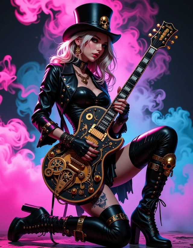 A masterpiece,  in the style of the 1980s, with bold lines, dynamic strokes and rich textures, on background with a touch of nostalgia, perhaps with subtle drawings inspired by cellulose and vintage, worn textures similar to paper, oil painting, Hyper-detailed cinematic portrait of a steampunk goth female rocker kneeling with an ornate electric guitar, dramatic rim lighting in neon magenta and cyan, volumetric colored smoke swirling around her; she wears a black leather corset and fitted jacket with brass studs, chains and skull motifs, a tall top hat decorated with gears and a skull emblem, blonde hair in a loose updo, sultry expression and soft makeup, metal skull knee-guard and thigh-high lace-up boots, intricate mechanical clockwork tattoo on her exposed thigh, guitar covered in brass gears, rivets and mechanical plates with glowing accents, high contrast, ultra-detailed textures on leather and metal, cinematic depth of field, painterly but hyperreal rendering, rich saturated colors, dramatic shadows, studio-quality lighting, film grain and subtle lens flares, 4k detail, dynamic composition centered on figure and instrument. hdr