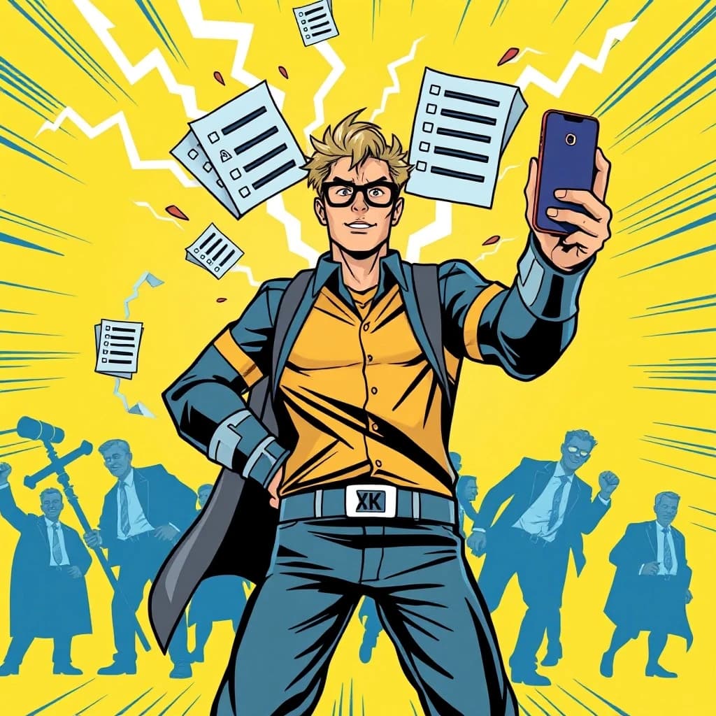 Dynamic comic book style, central hero stands holding a smartphone, bright lightning bolts shaped as legal documents, lawsuits, complaints and claims shooting out of the phone, smashing dark shadowy figures of bureaucrats, yellow and blue color palette, high contrast, sharp lines, modern vector comic art, cinematic angle, 8k, action-packed atmosphere --ar 16:9