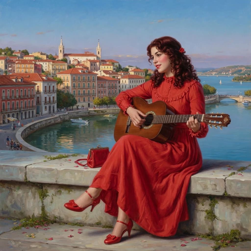 The image is a painting of a young woman sitting on a ledge with a guitar in her hands. She is wearing a long red dress with a high neckline and long sleeves. Her hair is styled in loose curls and she is wearing red high heels. The background shows a beautiful view of a cityscape with buildings and a body of water. The sky is blue and the overall mood of the image is peaceful and serene. The painting is done in a realistic style with vibrant colors and intricate details.
