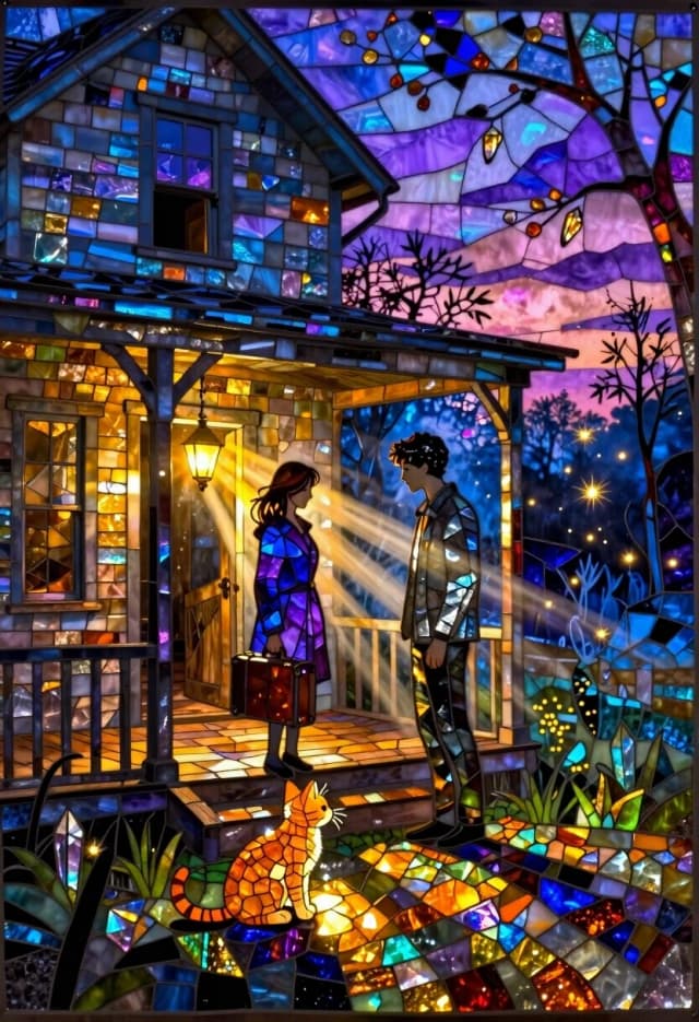 Surreal stained glass mosaic mural, where the entire scene is composed of tiny iridescent glass fragments and crystal shards. An abandoned country house at twilight: the windows are dark, but inside, a single warm lamp glows, casting long beams of light through the dusty air. In the doorway, a young couple stands facing each other; the woman is holding a small suitcase, the man’s hand is slightly raised, as if he wanted to stop her but didn’t. Their faces are in soft profile, full of quiet sadness.

The house, the porch, the trees, and the figures are all rendered as a luminous mosaic: the wooden porch and walls are made of warm amber and honey-colored tesserae; the woman’s coat is deep violet and blue glass shards; the man’s jacket is dark grey and charcoal with silver highlights. The lamp’s glow is a concentrated burst of golden glass fragments that radiate outward in volumetric beams.

In the foreground, a tiny ginger kitten is sitting on the porch steps, looking at the couple. Its fur is a mosaic of orange, gold, and cream glass fragments; the lamp’s light passes through the translucent shards, giving the kitten a glowing inner radiance.

Outside, the garden fades into a deep blue haze; fireflies are tiny glowing glass motes drifting in the air. The sky is a layered mosaic of twilight purples and pinks, with prismatic reflections dancing on every surface.

Color palette: warm ambers and golds for the house and lamp, deep purples and blues for the twilight, iridescent highlights on all glass fragments. Mood: bittersweet farewell, memories that stay bright even in the dark.

Technical: luminous stained glass mosaic style, iridescent crystal shards, prismatic light reflections, ethereal glow, intricate glass tesserae, volumetric lamp light with fast falloff, strong chiaroscuro, hard silhouette edges for the couple, glowing fireflies as glass motes with bloom, atmospheric haze for depth, subsurface scattering on the kitten’s glass fur, heavy separation of planes.