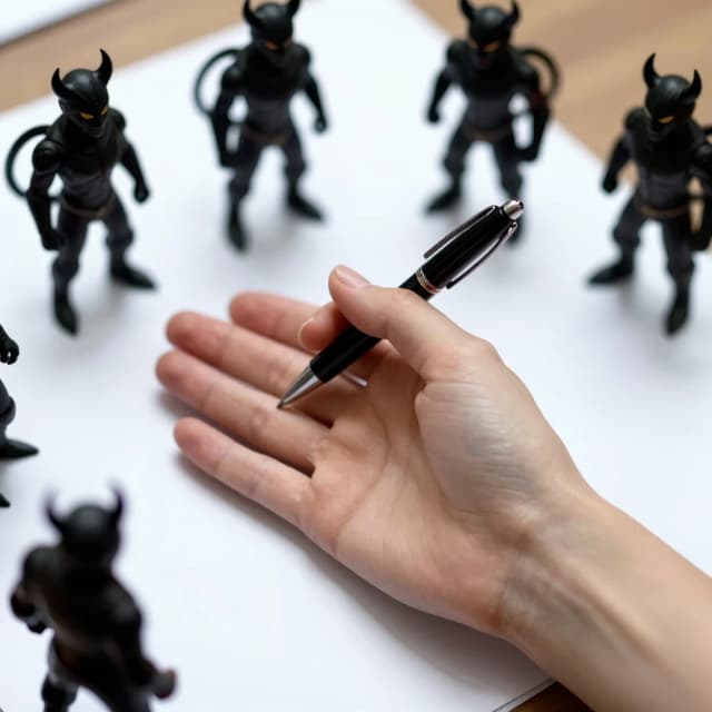 Несколько чëртиков держат руку девушки. В этой руке находится шариковая ручка. И рука лежит на листке бумаги.