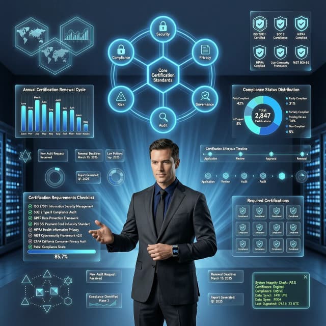 Modern a sleek corporate tech style, featuring a central professional character surrounded by floating, glowing holographic infographics and 3D data visualizations. The composition focuses on "Certification Requirements," depicted through translucent UI elements, floating checklists, glowing icons, and complex geometric diagrams. The color palette is dominated by deep navy, electric blue, and cyan gradients, creating a high-tech, sophisticated atmosphere. Lighting is cinematic with soft volumetric glows emanating from the holographic data, casting subtle blue reflections on the surroundings. The background is a clean, minimalist dark workspace with a shallow depth of field to emphasize the floating elements. High-detail vector art aesthetic combined with smooth 3D rendering, sharp lines, clean typography, and a sense of organized digital complexity