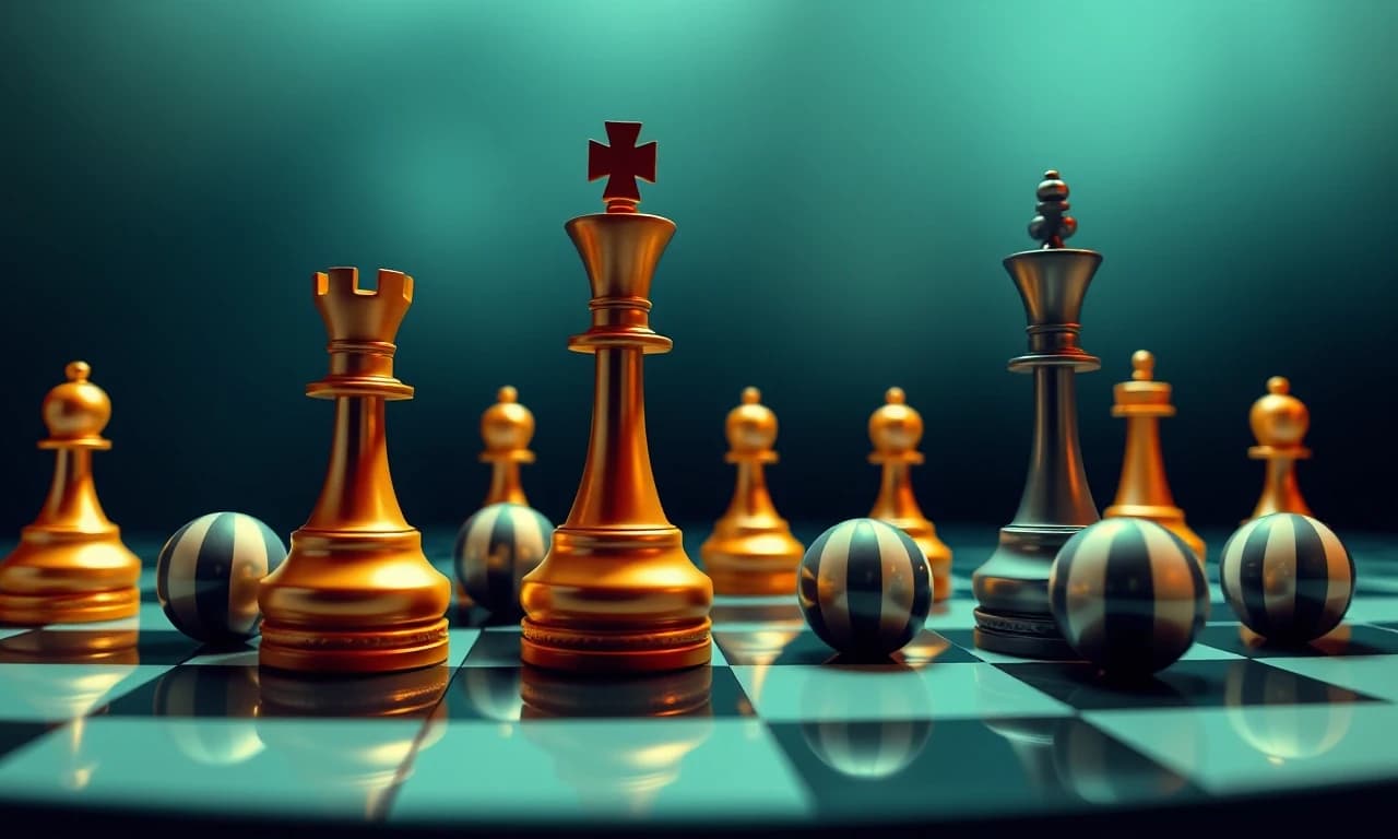 сюрреализм, изогнутое глянцевое пространство из шахматных клеток, ферзь, конь, пешки, ладья, зеркальные полосатые шары, клавиши пианино,  векторная графика