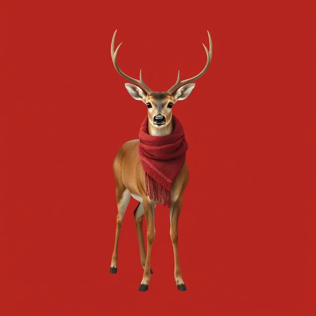 Draw a symmetrical frontal frame in the style of Wes Anderson for the A6 format. In the center is a full—length deer, it stands quietly, with a dusty red wool scarf with fringes around its neck. The background is smooth, muted red, without unnecessary details. Palette: dusty red, brown, beige, white. The lighting is warm and soft, and the shadows are smooth. High detail: deer fur texture, scarf weave, anatomically precise proportions. No labels. 8K, cinematic frame.