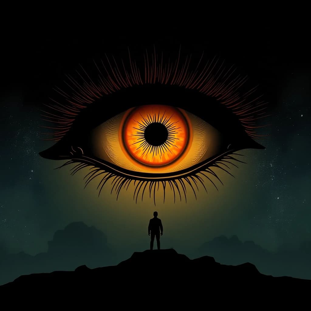 A small human silhouette standing below a giant golden eye in the dark sky, comic book style with cinematic dramatic lighting, dark graphic novel aesthetic, bold black outlines, mystical connection between human and observer, no text, no words, 4k