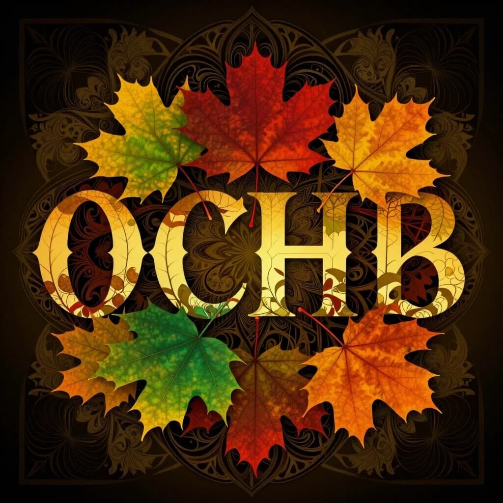 Digital image with double exposure and overlay of layers and textures. Vector graphics. The word "OCEHb" is made of gold, crimson and green skeletonized textured autumn leaves in various shades of yellow, orange, green and red. An unusual font made of autumn leaves. A very detailed and impressive font. Font and background contrast, fading, gradient. Background: a lot of dark with light ornaments. Delicate elements of the floral pattern. Gothic, decorative style, Art Nouveau. Abstract vector fractal pattern, Zentangle, Gothic, dark art. In the style of Alphonse Mucha, Gustav Klimt, Aubrey Beardsley and Roman Tirtov. High level of detail.