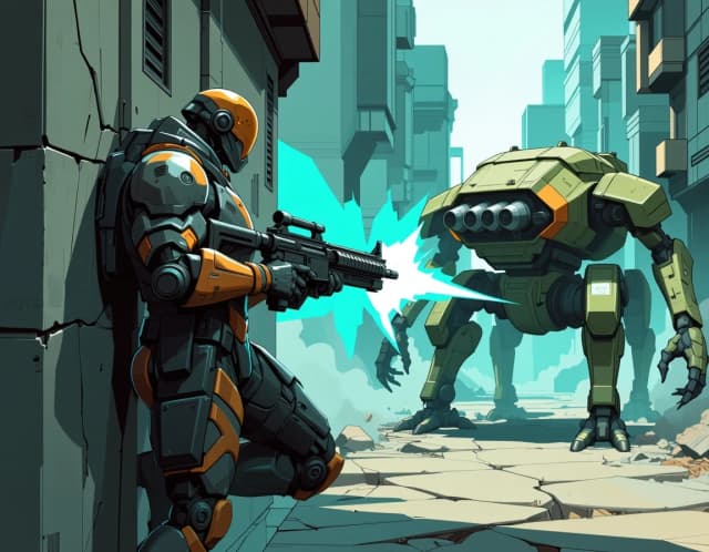 A masterpiece,  in the style of the 1980s, with bold lines, dynamic strokes and rich textures, on background with a touch of nostalgia, perhaps with subtle drawings inspired by cellulose and vintage, worn textures similar to paper, Cinematic sci-fi scene of a lone heavy-armored soldier leaning against a cracked concrete wall in a ruined urban street, three-quarter side view at waist height with a slight low angle, wearing scuffed, battle-worn plated armor with a visible barcode on the shoulder and a smooth reflective visor glowing cyan, gripping a bulky futuristic rifle with orange accent panels that emits bright teal energy beams. Opposite, a four-legged combat mech with camo plating and mounted turrets staggers under impact as sparks, flying debris and metal shrapnel erupt from its chassis where the beams hit. Dust, smoke and subtle volumetric light shafts fill the alley, long dramatic shadows stretch across cracked pavement, realistic surface detail: chipped paint, rust, scratched metal, grime. High-detail, photorealistic 3D render aesthetic, dynamic motion blur on projectiles, crisp focal point on soldier and impact, shallow depth of field, cinematic color grading with teal highlights and warm sun rim light, high contrast, 16:9 cinematic framing, ultra-detailed textures and dramatic atmosphere.