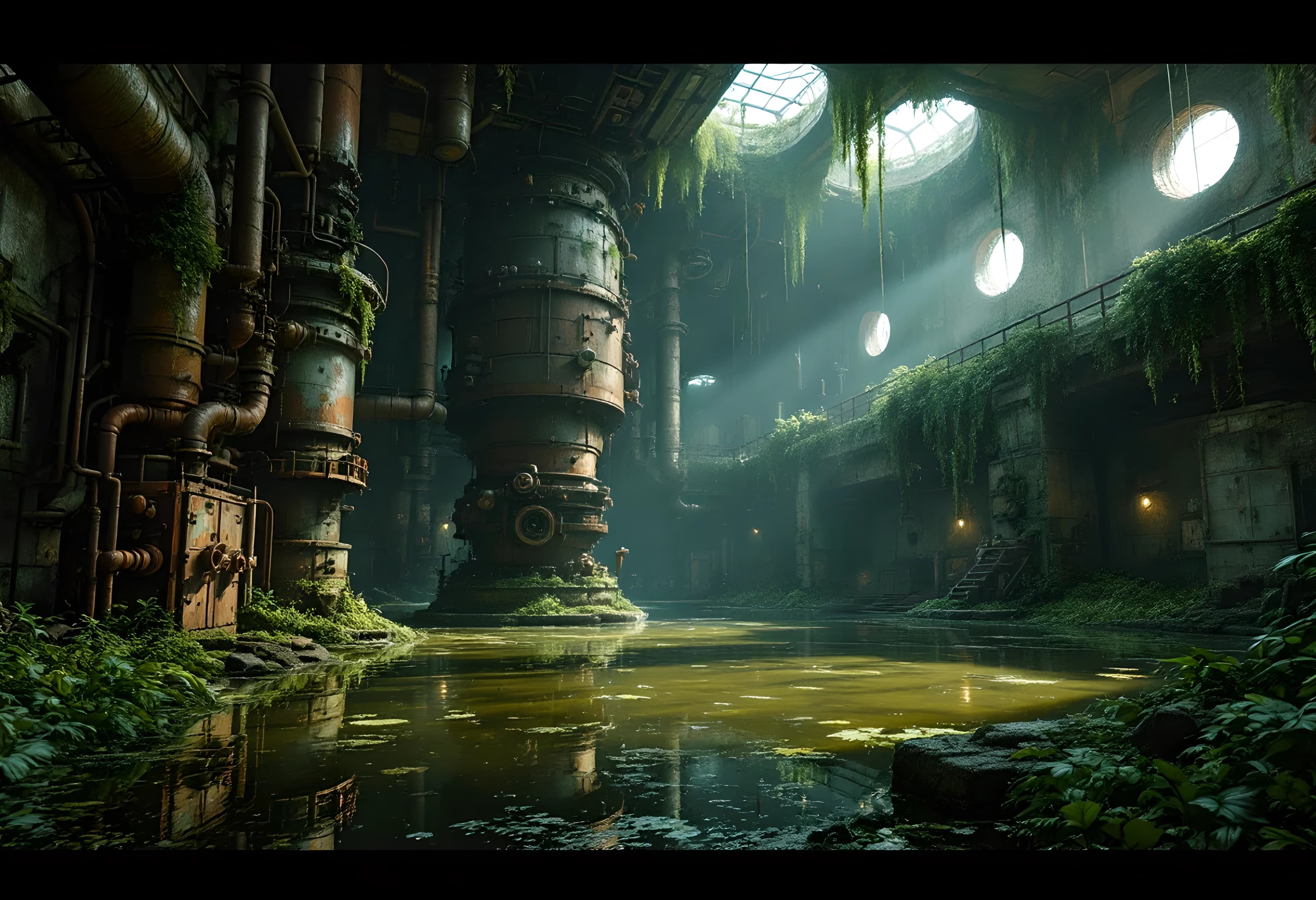 Cinematic wide shot of a decaying, abandoned military bunker hall, partially submerged in murky, stagnant water reflecting the overhead ruins. The atmosphere is heavy with post-apocalyptic melancholy and overgrown nature. Lush emerald moss, thick hanging vines, and long seaweed drape over massive, rusted industrial machinery and giant cylindrical steel capsules. Complex networks of corroded pipes with intricate valves, heavy-duty engines, tangled thick cables, and exposed ventilation systems weave through the space. Dilapidated steel galleries and catwalks overlook the flooded floor. Jagged holes in the reinforced concrete walls reveal distant, dim light, while rusted steel doors and heavy lockers stand partially swallowed by vegetation. The scene is cluttered with debris, scattered junk, and decaying technological relics. Dramatic chiaroscuro lighting with volumetric sunbeams piercing through ceiling cracks, highlighting floating dust motes and the wet, glistening textures of rust and foliage. Hyper-realistic digital art style, highly detailed textures, 8k resolution, industrial decay aesthetic, moody and atmospheric.