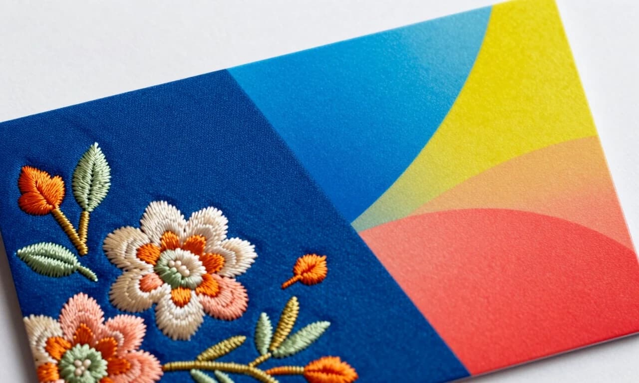 Business card design, vertical orientation, front view. Base: a bright deep-blue decorative embroidered fabric, close-up texture with volume and folds. The fabric carries delicate embroidered floral motifs in warm tones — cream, peach, orange and light green — with raised satin stitches and visible thread texture, lit softly from the top left.
The card is only conditionally divided by a thin diagonal line running at a slight angle from the lower-left to the upper-right, a subtle visual bridge, not a hard border.
LEFT ZONE leans on the embroidery: the delicate flowers and stitched threads stay prominent, muted metallic gold and ivory accents, tactile craft feel.
RIGHT ZONE — DTF print: vibrant full-color printed accents, smooth glossy gradient shapes (electric blue, lemon yellow, coral red), crisp and saturated as if freshly printed onto the fabric.
TOWARD THE CENTER the embroidered threads and printed shapes gradually meet and merge into a single unified logo at the intersection of the diagonal, one emblem born from both techniques.
Clean unified composition, soft studio lighting, ultra-detailed, photorealistic, print-ready.