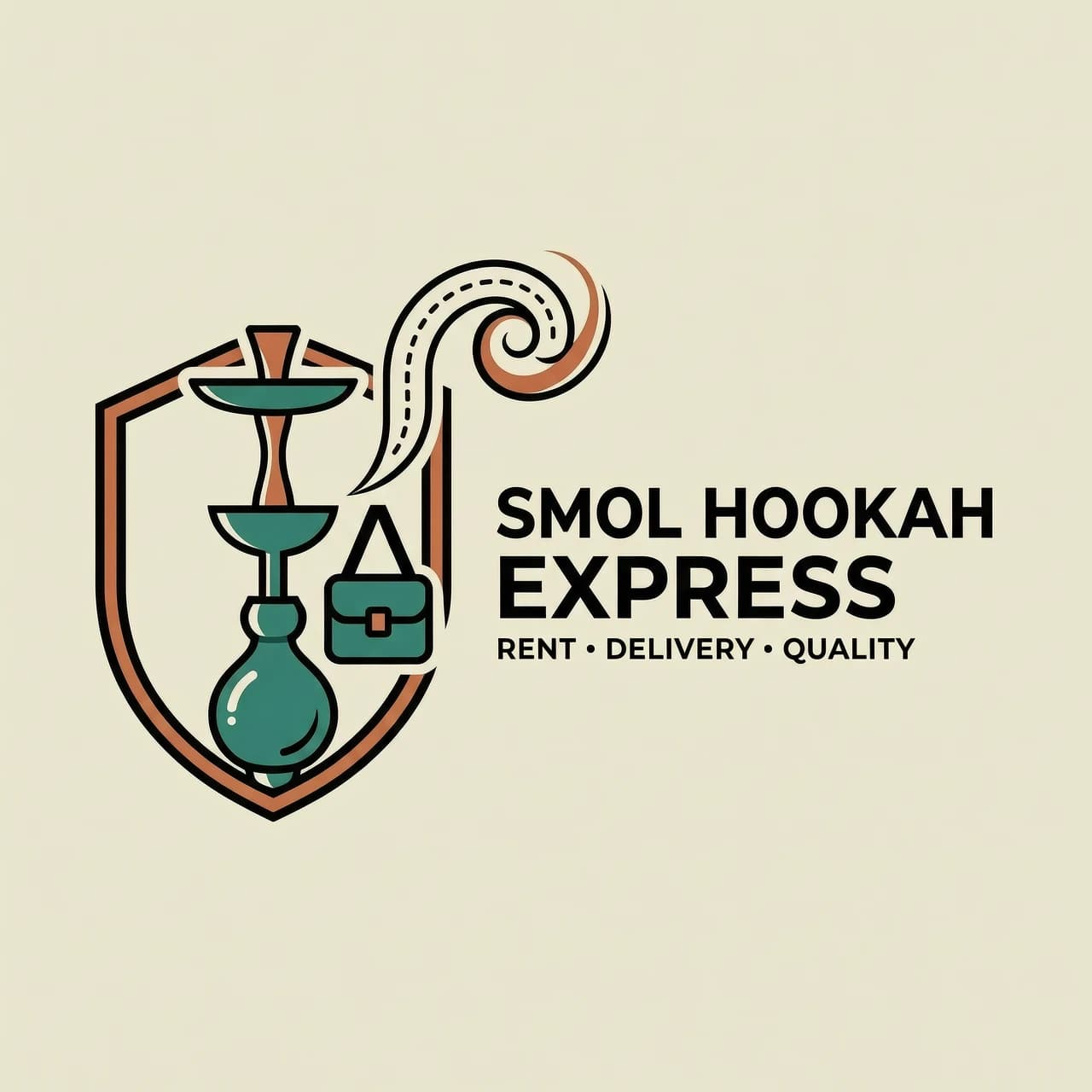 *"Чёткий минималистичный векторный логотип для сервиса 'Smol Hookah Express' в монохромной цветовой гамме с ярким акцентом. Композиция строится на трёх основных элементах: 1) Упрощённый силуэт небольшого кальяна с округлой колбой и тонкой шахтой. 2) Дымная струя, которая закручивается в спираль и одновременно напоминает дорожную карту GPS или пунктирную линию маршрута. 3) Иконка 'мгновенной доставки' — стилизованная курьерская сумка с ремнём, висящая на шахте кальяна, или маленький шеврон скорости. Все три элемента объединены в единую связную фигуру, напоминающую щит. Цвета: базовый цвет — насыщенный терракотовый (#E07A5F) или глубокий изумрудный (#2A9D8F) в сочетании с пепельно-серым (#F4F1DE). Название 'SMOL HOOKAH EXPRESS' расположено справа от иконки в одну строку, шрифт — рубленый геометрический (типа Montserrat или Gotham) с увеличенным межбуквенным интервалом (трекинг +100). Под названием — мелкий подзаголовок: 'RENT • DELIVERY • QUALITY'. Фон — однотонный, кремовый или светло-серый, без текстуры. Логотип должен быть максимально узнаваем в чёрно-белом варианте, поэтому все линии выполнены с разной толщиной для иерархии. Стиль — плоский 2D-дизайн, без градиентов и теней. Высокое разрешение, 8K."