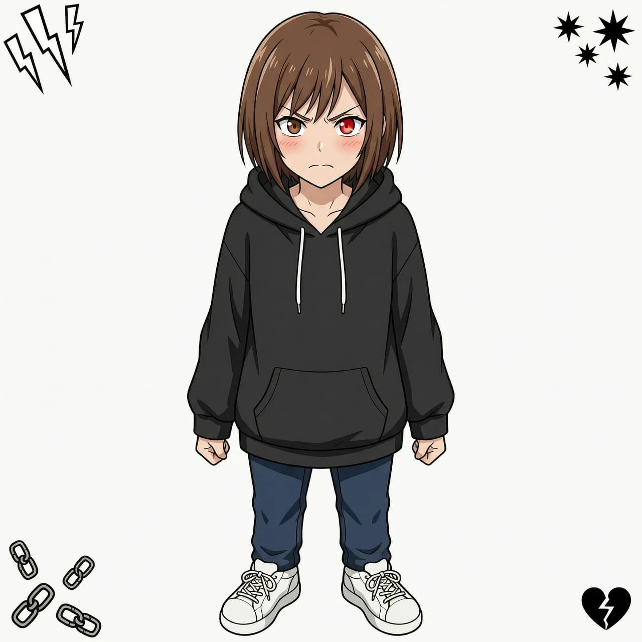 18-year-old anime woman, adult proportions, short brown hair, brown eyes, black oversize hoodie, solid white background, 2D flat cel-shading art, clean sharp lineart, angry expression, glowing red eye