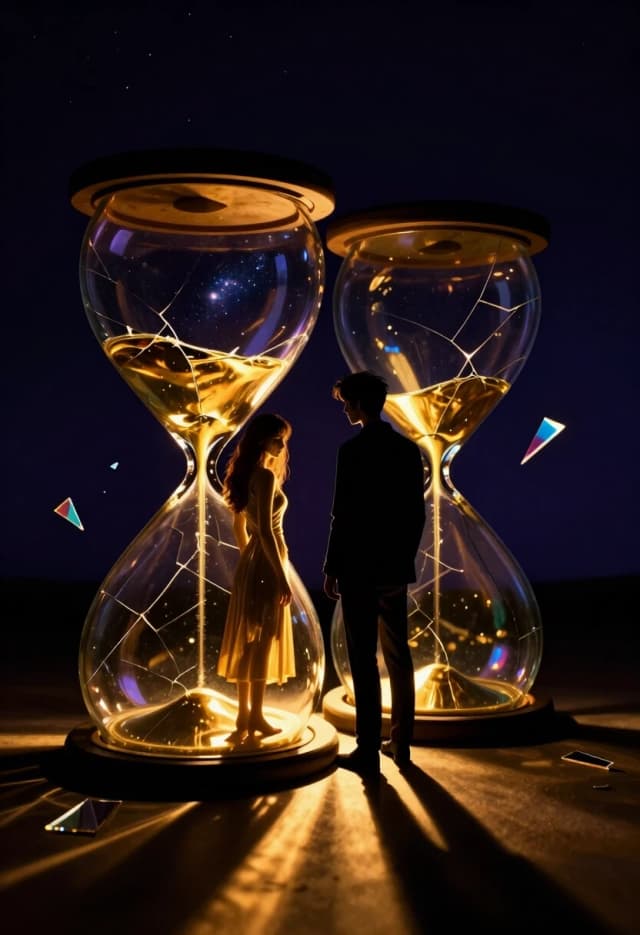 A surreal, high-contrast composition where two lovers are trapped inside two different, giant floating hourglasses made of cracked iridescent glass. The background is a deep, midnight-indigo space, creating a heavy, moody atmosphere. The primary light source comes from WITHIN the hourglasses—a warm, golden, liquid light that illuminates the characters from below, casting long, dramatic shadows that stretch into the void.

The woman is leaning against the glass, her expression one of profound loneliness and unspoken love, her eyes reflecting a galaxy of sadness. The man is on the opposite side, their glass shells almost touching but never merging. The liquid gold light creates a stunning glow on their skin and clothing, while their backs are swallowed by deep, ink-black shadows, creating a powerful silhouette effect.

The perspective is a wide-angle shot, emphasizing the isolation and the immense distance between them despite their proximity. Shards of glowing glass float around them, refracting light into sharp, colorful prisms. The color palette is a clash of deep indigo, obsidian black, and radiant, molten gold.

Keywords: internal luminescence, liquid gold light, surreal hourglasses, deep indigo void, sharp silhouettes, iridescent glass refraction, profound loneliness, dramatic under-lighting, high-contrast surrealism.