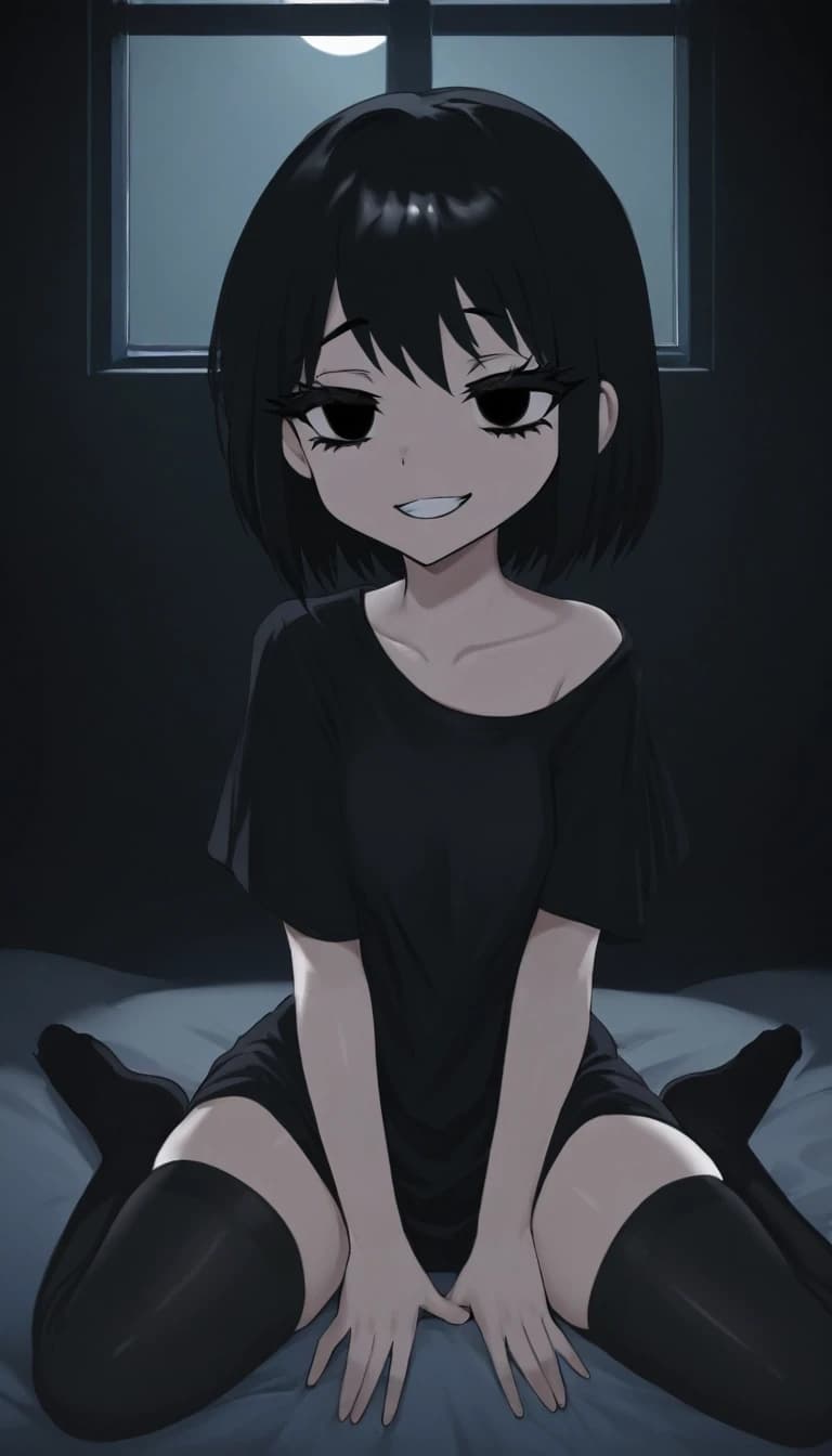 темная комната с окном. милая anime moe девушка. черные волосы. черные глаза глупые суженные но большие. черные ресницы. черная длинная футболка черные чулки носки