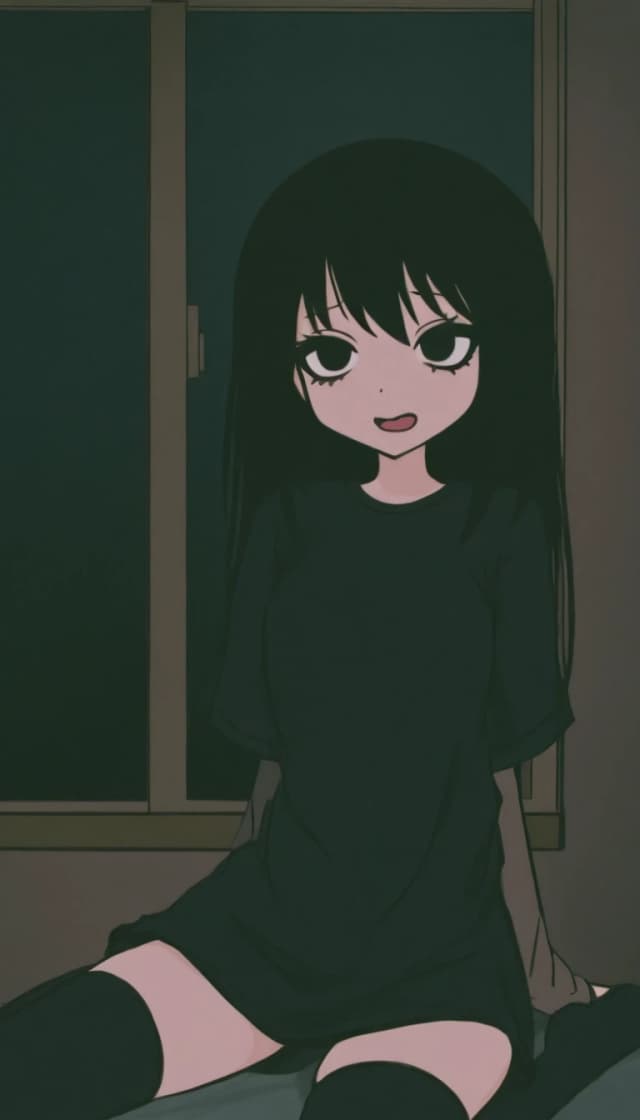 темная комната с окном. милая anime moe девушка. черные волосы. черные глаза глупые суженные но большие. черные ресницы. черная длинная футболка черные чулки носки